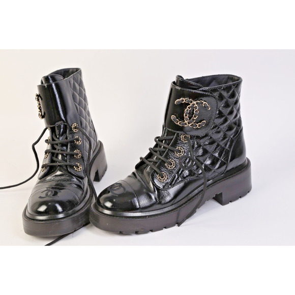 CHANEL Black Logo Quilted Patent Leather Combat Ankle Boots Booties Size 36 - Picture 1 of 14